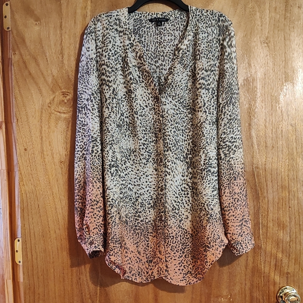 Zac & Rachel Split Neck Blouse Salmon Tan Ombre Slub Animal Print Long Sleeve XL